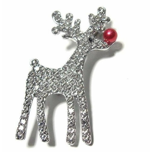 Rhinestone Silver Reindeer Red Nose Christmas‎ Brooch New - Picture 1 of 2